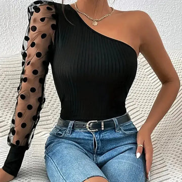 Women's Polka Dot Mesh Fashion Designer XS-2XL Long-Sleeve Tops-Women's Fashion Designer Long-Sleeve Tops-Women's fashion designer plus size clothes